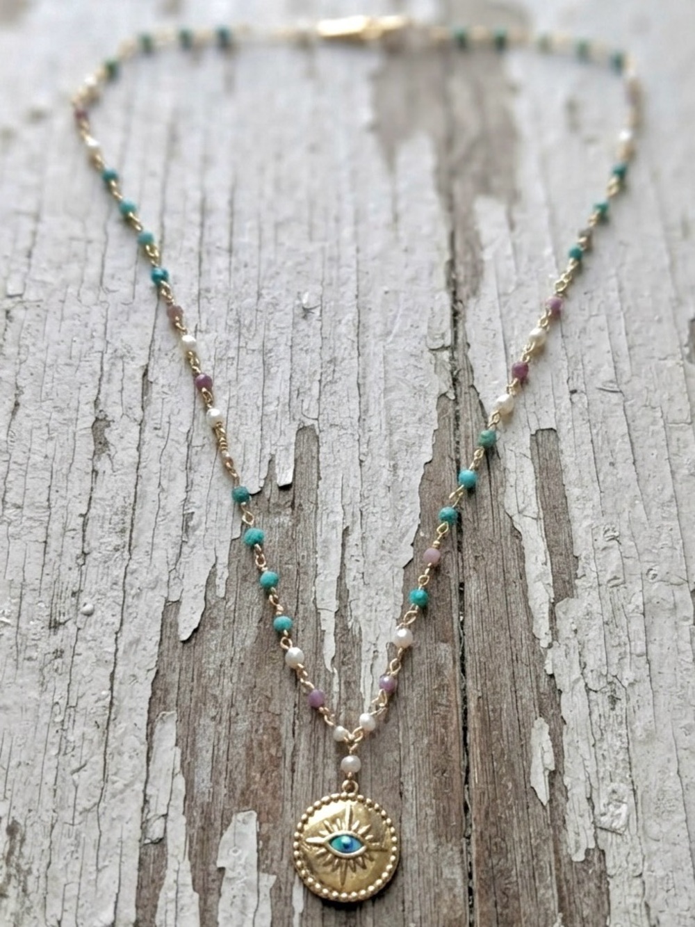 Gold Medallion Necklace with Turquoise and Pink Beads
